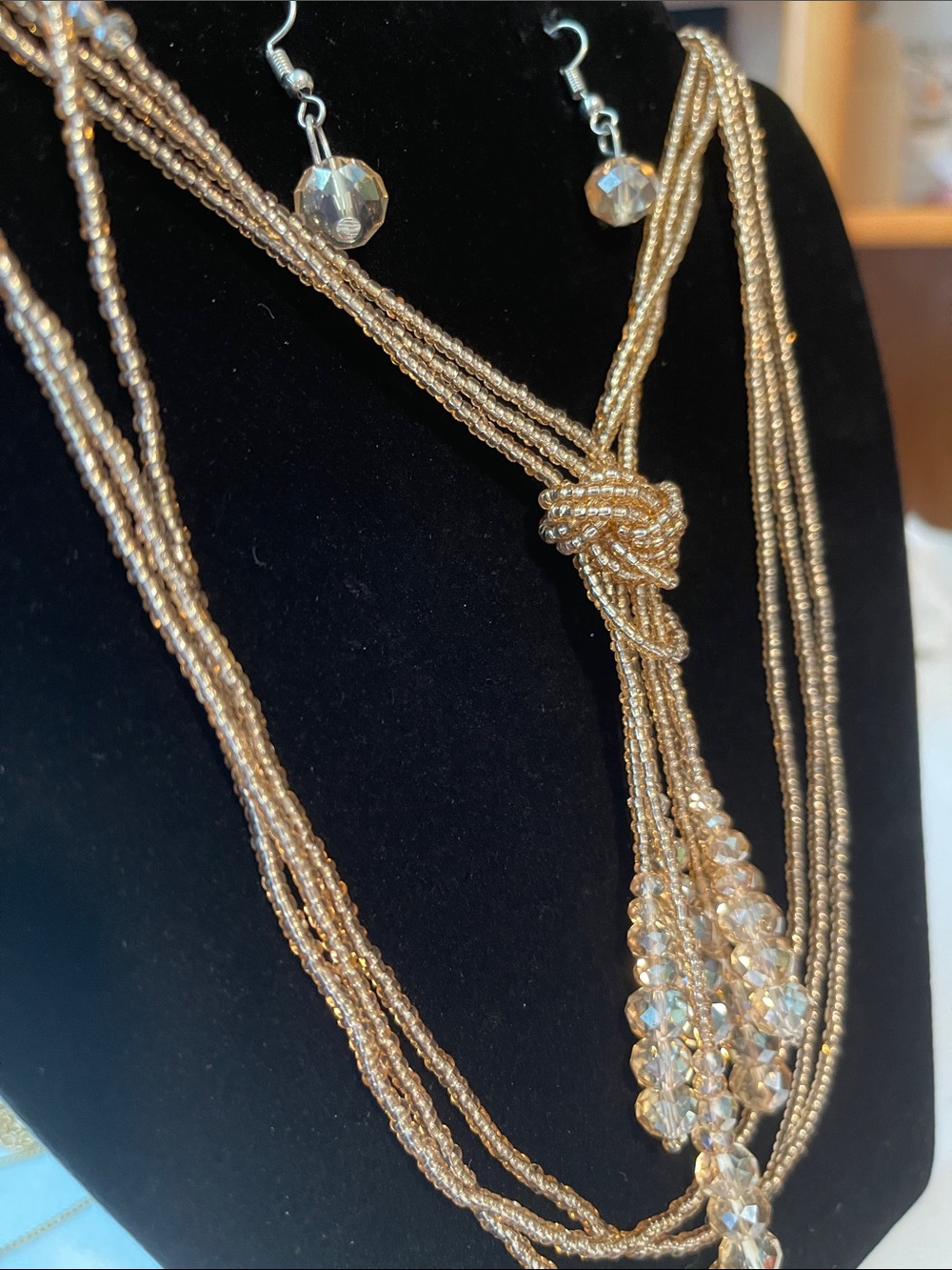 Gold Beaded Multi-Strand Knot Necklace with Crystal Drop Earrings